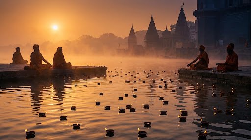 A serene, cinematic wide shot of the sacred Godavari River at sunrise