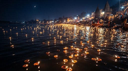 Hundreds of lit diyas floating on sacred river during Maha Aarti
